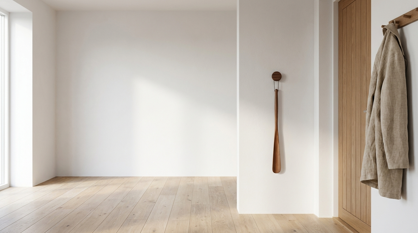 LAVI wooden shoehorn on its magnetic wall mount in a bright Nordic entryway